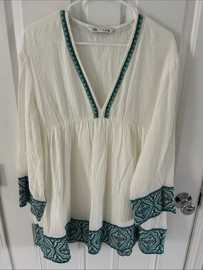 Zara Cream Tunic Dress with Teal Geometric Trim